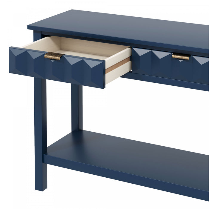 Table d'entree Oliver 60'' en placage de sapin avec design en nid d'abeille et tiroirs, bleu marine