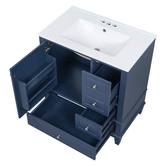 Emma Meuble-lavabo en bois massif de 30\" avec vasque en ceramique et porte a fermeture douce, Bleu