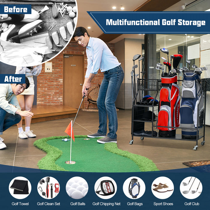 Support De Rangement Pour Sac De Golf Pour Garage, Double Organisateur De Sac De Golf Avec Roues Universelles Verrouillables, Organisateur De Stockage Supplementaire Pour Clubs De Golf Et Autres Equipements De Golf, Support Pour Sac De Golf Avec Support Pour Clubs De Golf