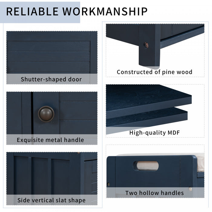Banc De Rangement Olivia En Pin Avec Meuble A Chaussures 3 Portes Et Compartiment Cache, Bleu Marine Antique