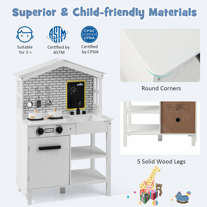 Ensemble De Cuisine De Jeu, Jouet De Cuisine En Bois Avec Tableau Noir Supplementaire, Belles Fenetres, Etageres De Rangement Et Crochets, 5 Pieds En Bois Massif, Ensemble De Cuisine Fictive Pour Les Tout-petits De 3 Ans Et Plus, Blanc
