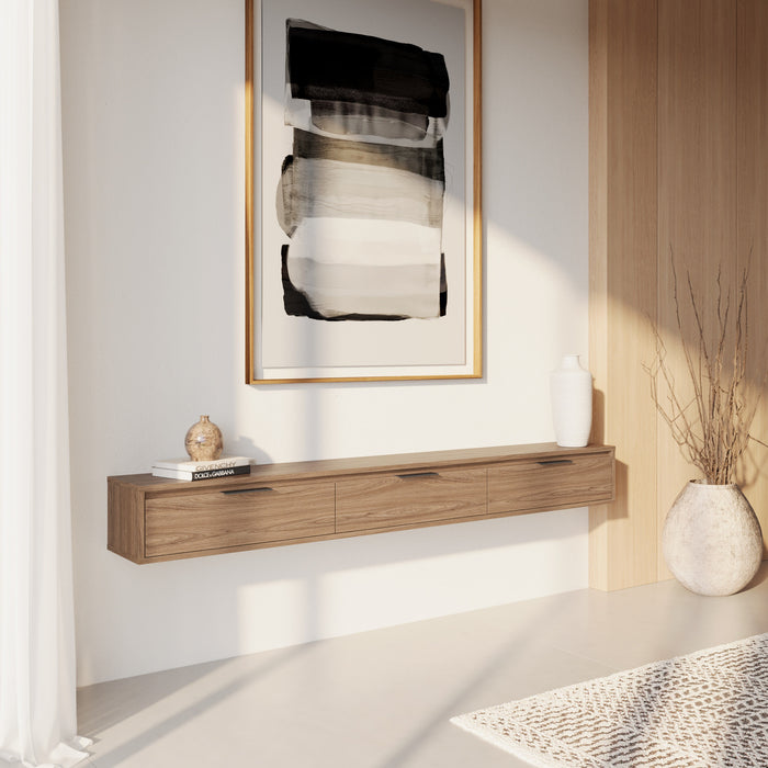 Meuble pour téléviseur mural mince Nordika de 72 po avec 3 armoires de rangement - noyer clair