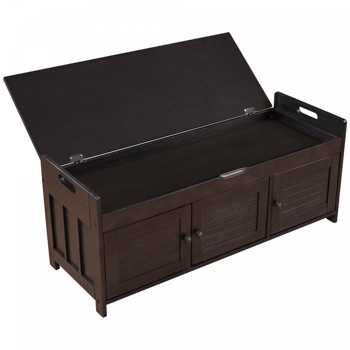 Banc De Rangement Olivia En Pin Avec Meuble A Chaussures 3 Portes Et Compartiment Cache, Espresso