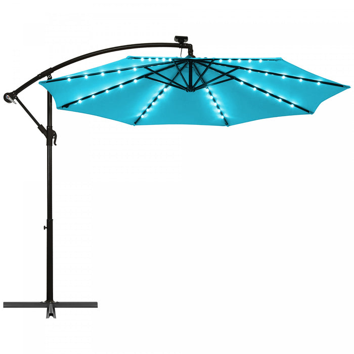 Costway Parasol deporte solaire LED de 10 pieds avec manivelle, 40 lumieres, base turquoise