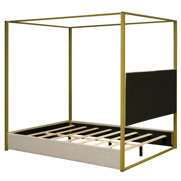 Lit plateforme Sophia a baldaquin avec tete de lit en mousse et velours, taille queen, beige