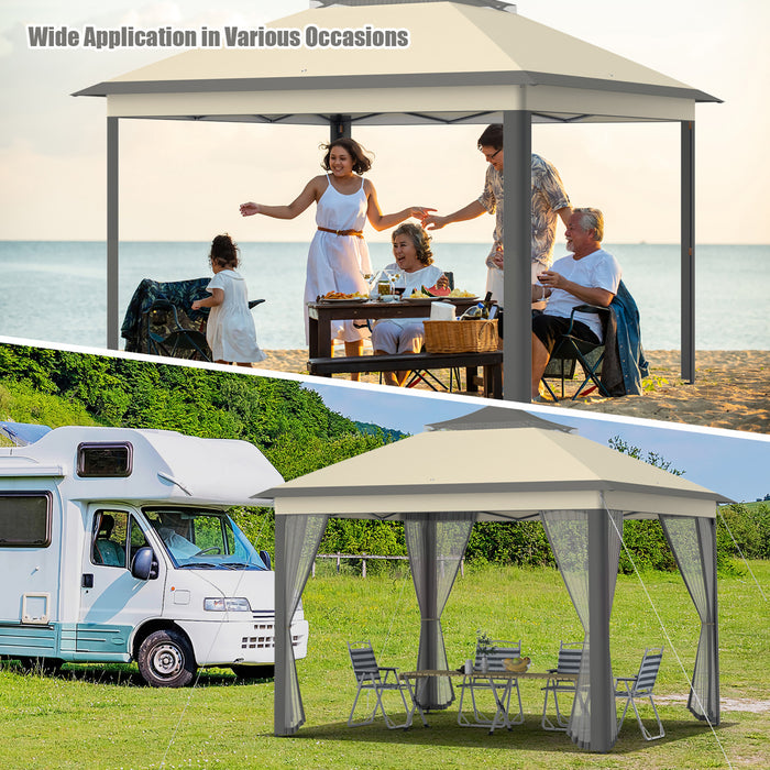 Costway 11’x11’ 2-tier Tente Pop-up Gazebo Abri A Canopy Portatif Sac De Transport Maille Brun