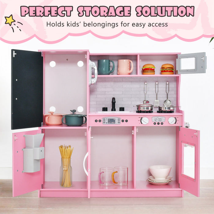 80x24x81cm Ensemble De Jouet De Cuisine Pour Enfant, Jeu De Role Avec Tableau Noir Et Six Compartiments De Rangement, Boutons Avec Effets Sonores, Pour Enfants De 3 A 6 Ans, Blanc/rose