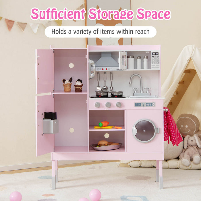 Jeu De Cuisine Pour Enfants, Jouet De Cuisine Avec Hotte, Machine A Glacons Et Telephone, 16 Accessoires, Sons Et Lumieres, Cuisine En Bois, Cadeau Pour 3 Ans Et Plus, Rose
