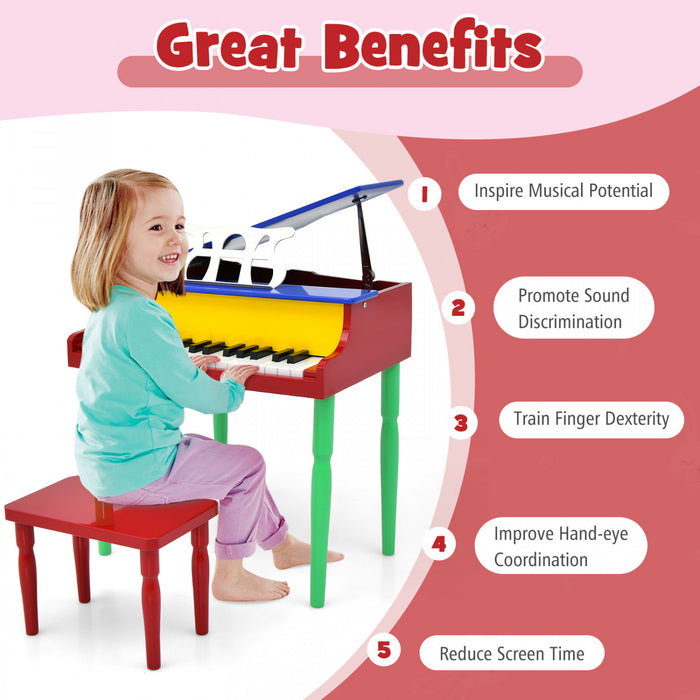 Costway Piano a Queue Classique Bebe 30 Touches, Jouet en Bois pour Bout de Chou avec Banc et Porte-Partition - Multicolore