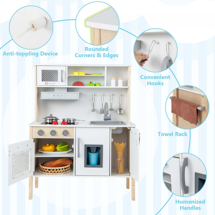 Cuisine En Bois Pour Enfants, Ensemble De Jeu De Cuisine Pour Tout-petits Avec Micro-ondes, Hotte Aspirante, Plaques De Cuisson, Evier De Jeu, Four, Machine A Glacons Et Accessoires De Cuisine, Ensemble De Cuisine Pour Jouets Avec Sons Pour Garcons Et Filles De 3 A 6 Ans