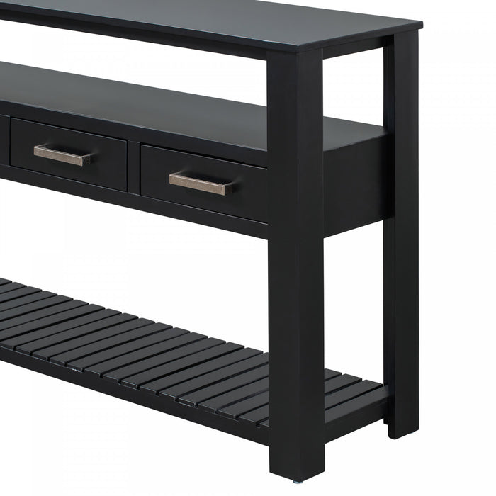 Table d'entree Ava 62,2'' avec tiroirs et etageres ouvertes, noire