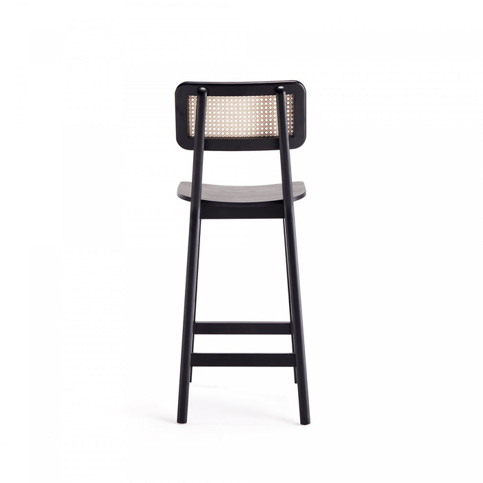 Tabouret de comptoir industriel chic Versailles avec dossier en cannage, bois noir et naturel - Lot de 3