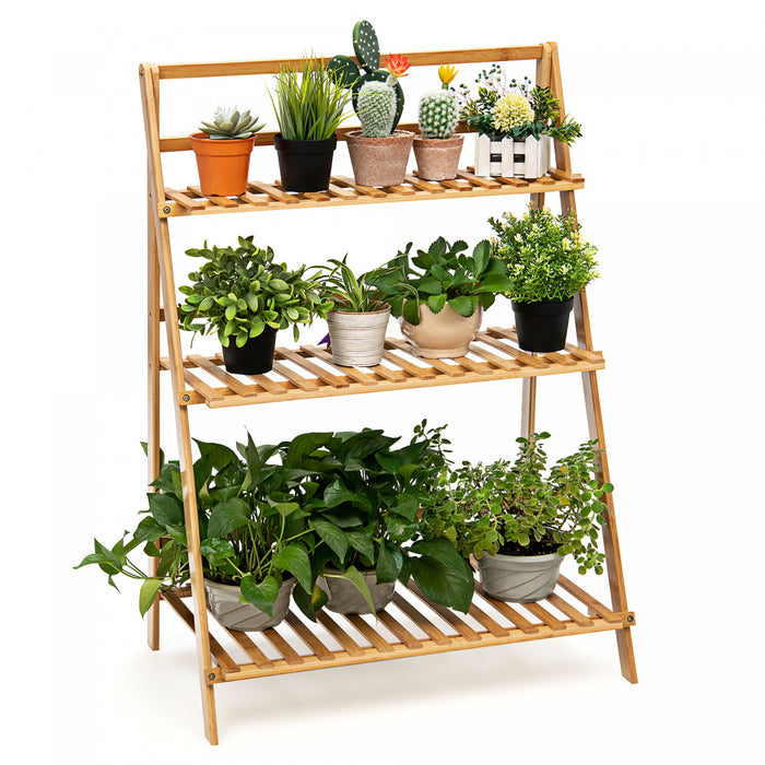 Support De Plantes De Marque Costway Echelle Pliable En Bambou Sur 3 Niveaux Presentoir/support Pour Pots De Fleur Naturel