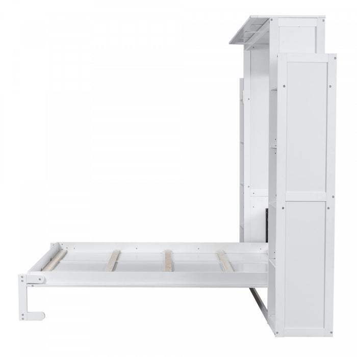 Aiden Lit escamotable Murphy avec etageres et eclairage LED, taille Queen, blanc