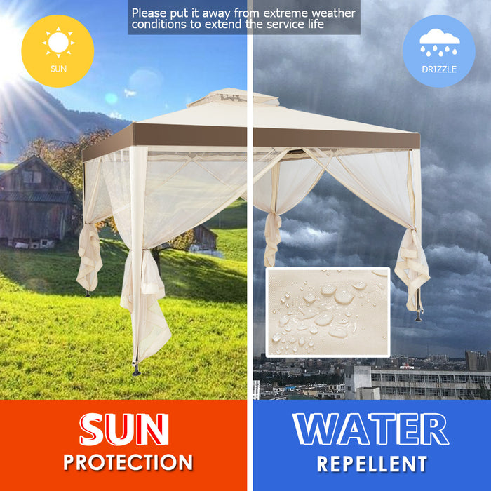 Tonnelle Pavillon De Jardin En Fer Et Polyester, Tente De Reception Avec Moustiquaire Et Toiles Laterales Amovibles Et Impermeables, Tente De Jardin A 4 Cotes 300 X 300 X 200/265 Cm, Beige&brun