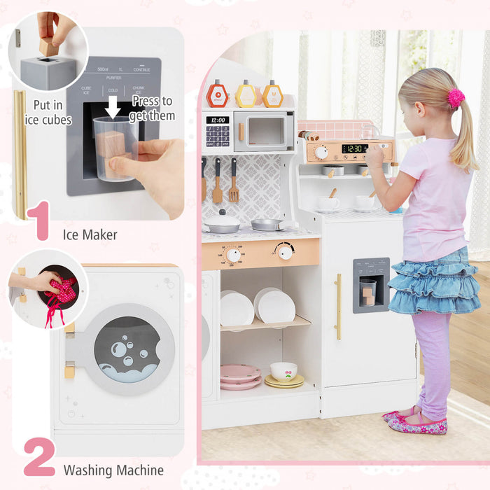 Honeyjoy Jeu De Cuisine Pour Enfants Jeu De Cuisine En Bois Avec Horloge, Micro-ondes, Evier, Plateau Blanc