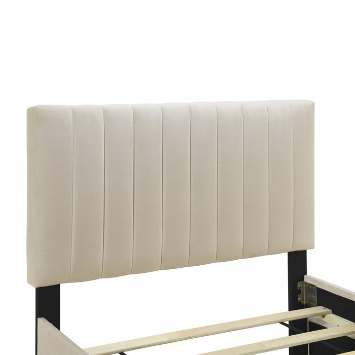 Lit plateforme Ethan rembourre en velours, gain de place, avec tiroir gigogne, taille simple, beige