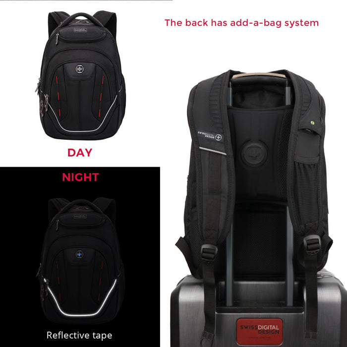 Sac a dos Swissdigital Terabyte – Sac pour ordinateur portable 15,6, Charge USB, Detecteur SDD, Protection RFID, Grande capacite, Garantie de 2 ans
