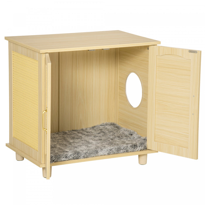 Pawhut Bac A Litiere Pour Chat Avec Coussin Souple, Banc De Rangement, Table D'extremite Avec Bordure En Rotin, Structure En Bois, Portes Magnetiques, Montage Facile, Chene