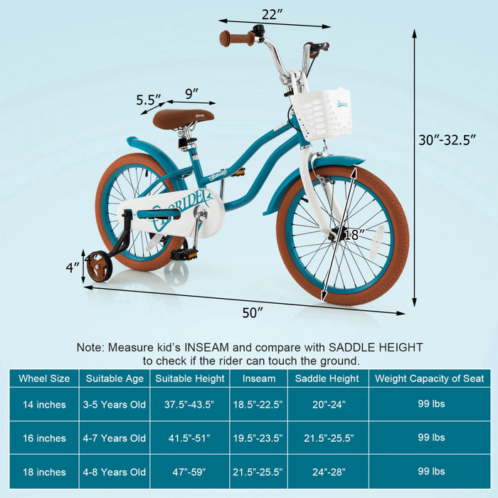 Costway 18\" Enfants Velo Tout-petit Velo Avec Roue D'entrainement Pour Fille De 4 A 8 Ans