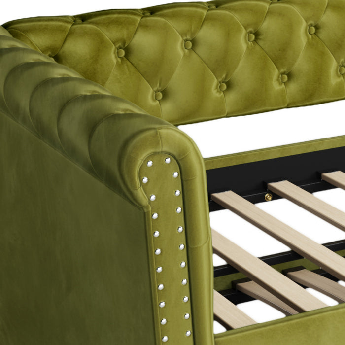La Sophia Daybed avec design capitonne, revetement en tissu, lit d'appoint avec trundle et dossier confortable, couleur verte