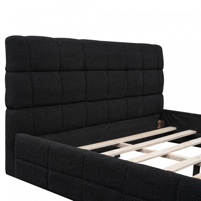 Lit plateforme moderne Emma rembourre avec structure en bois massif confortable, taille queen, noir