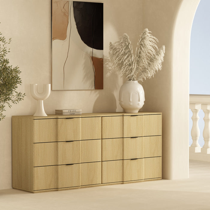 Commode Clive style milieu du siecle 183 cm en chene naturel et or (6 tiroirs)