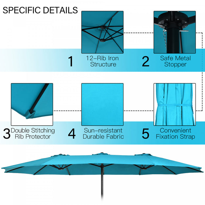 Costway Parasol double face 15FT a manivelle avec base pour marche exterieur Turquoise