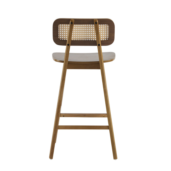 Bari – Lot de 4 tabourets de comptoir en bois d’hevea avec dossier en rotin et repose-pieds, finition noyer