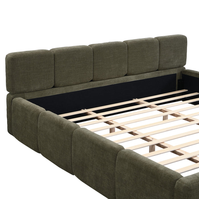 Lit plateforme Toby en tissu lin avec tete et pied de lit epaissis, taille king, vert