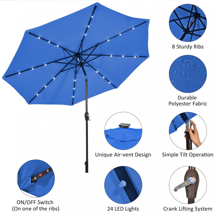 Costway Parasol Solaire de Patio 10FT LED Marche d'Exterieur en Acier Incline avec Manivelle Bleu Neuf