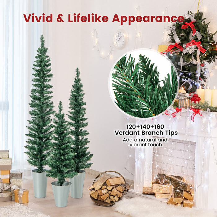 Lot De 3 Sapins De Noel Artificiels 90-120-150 Cm, Arbres En Crayon Fin, 120-140-160 Pointes De Branches, Bases Metalliques Avec Ciment, Arbres D'entree En Pot, Decoration De Noel Interieure