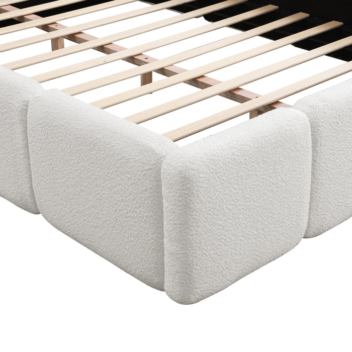 Lit plateforme Aiden avec cadre rembourre de soutien en tissu boucle, taille Queen, blanc