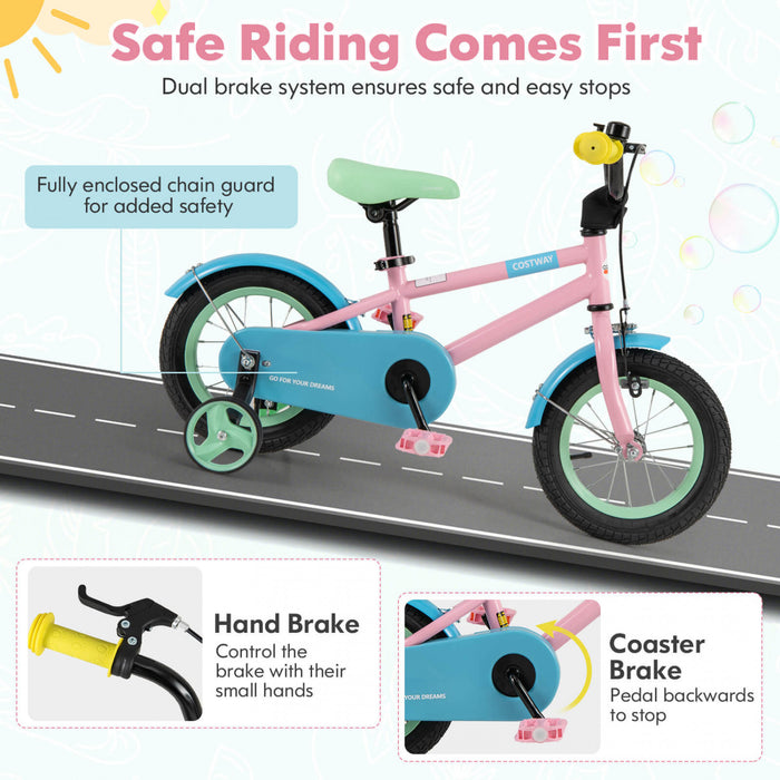 Costway 12\" Velo Pour Enfants Avec Guidon Reglable De Selle Roues D'entrainement Amovibles Frein A Main Rose
