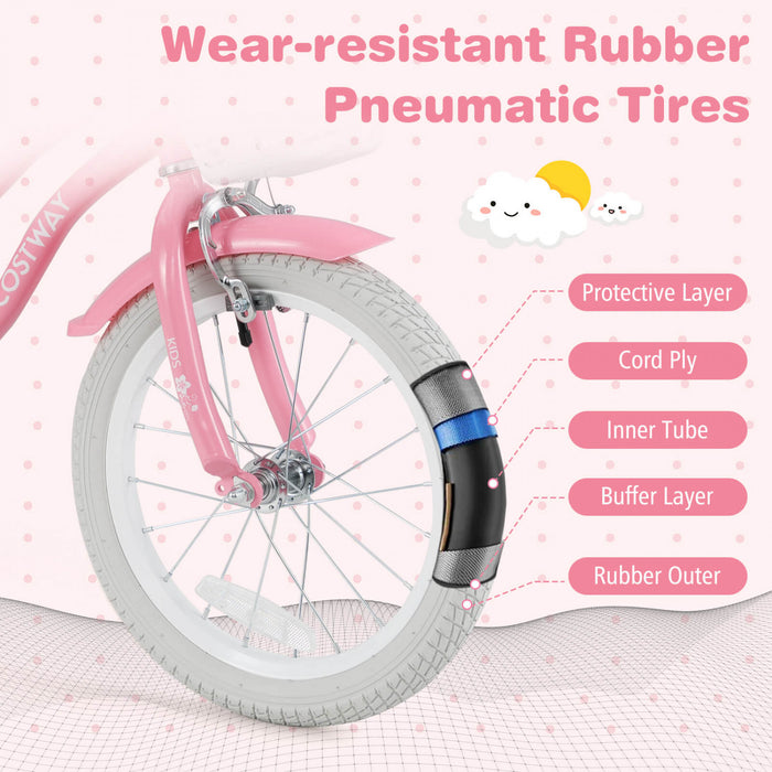 Costway 16\" Enfants Velo Tout-petit Velo Reglable Avec Roue D'entrainement Pour 4-7 Ans Fille Rose