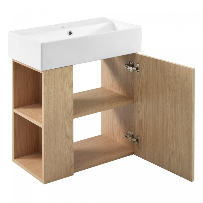 Camille Meuble de salle de bain flottant avec vasque en ceramique et rangement cote gauche, Naturel