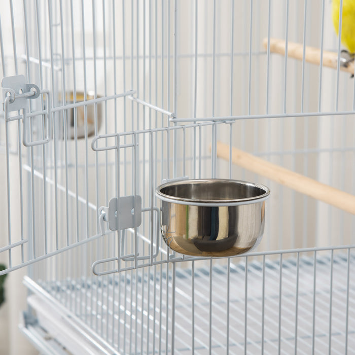 Pawhut Grande Cage A Oiseaux En Metal De 54'' Avec Support Roulant Detachable, Etagere De Rangement, Perchoir En Bois, Contenant A Nourriture, Blanc
