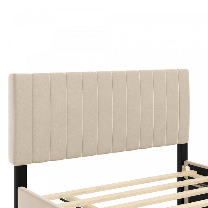 Lit plateforme Ethan rembourre en velours, gain de place, avec tiroir gigogne, taille full, beige