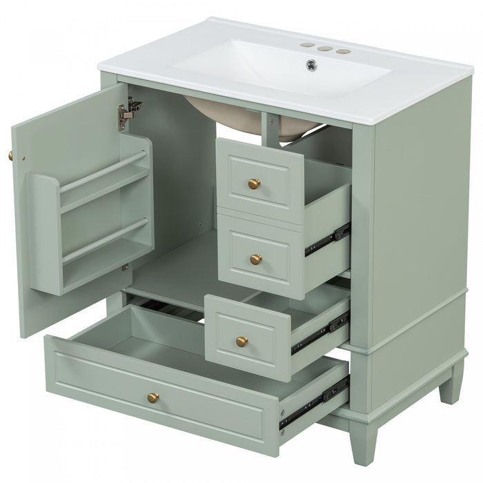 Emma Meuble-lavabo en bois massif de 30\" avec vasque en ceramique et porte a fermeture douce, Vert