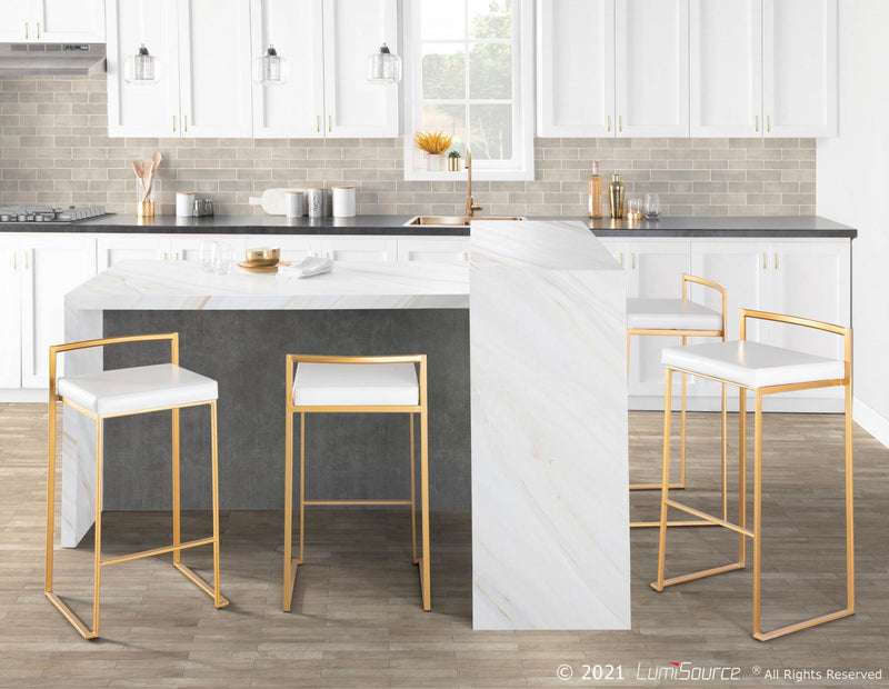 Tabouret bar contemporain Fuji en similicuir blanc - ensemble de 2