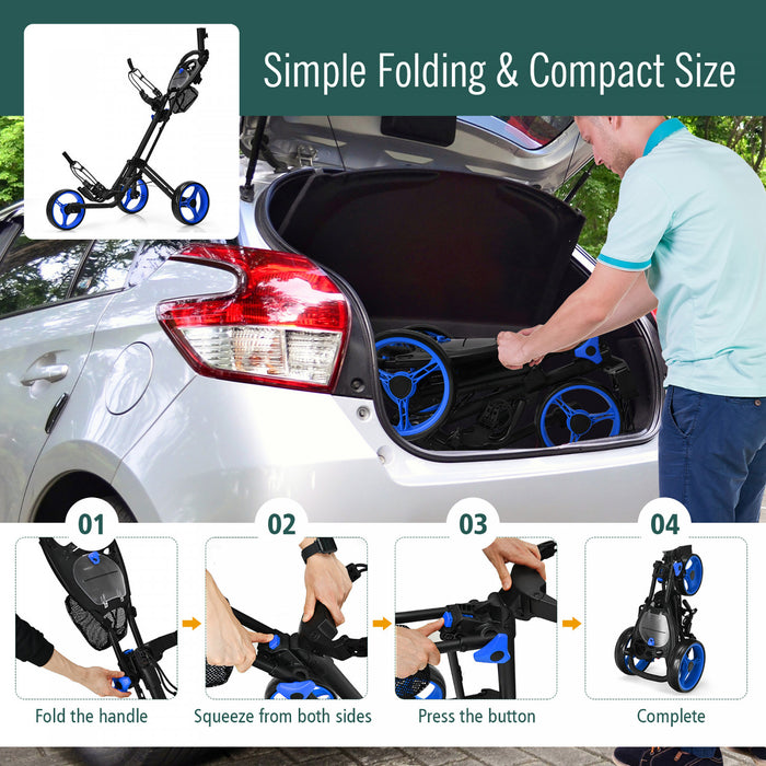 Goplus Pliant 3 Roues Golf Push Cart W/brake Scoreboard Poignee Reglable Bleu