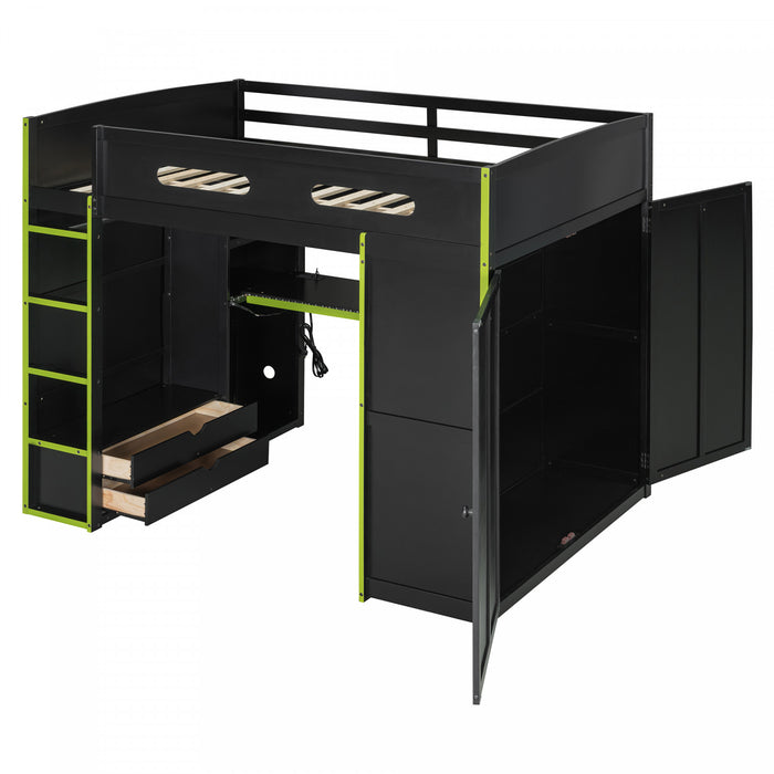 Jerry Lit mezzanine en bois avec bureau et rangement, Taille Double, Vert