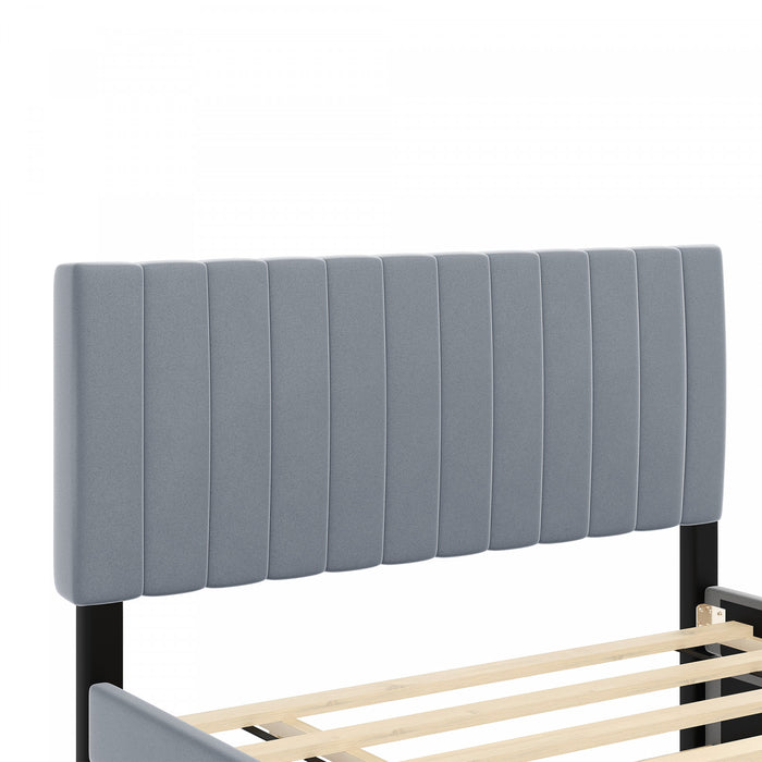Lit plateforme Ethan rembourre en velours, gain de place, avec tiroir gigogne, taille full, gris