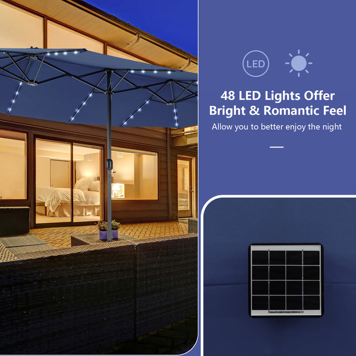 Costway Parasol double face jumeau 15FT pour patio avec 48 LED solaires a manivelle Navy