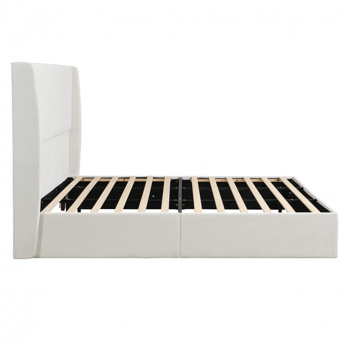 Liam Lit plateforme rembourre avec tete de lit a ailes, taille King, beige