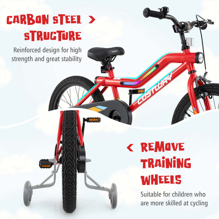Costway 18\" Led Eclaire Velo Pour Enfants Avec Siege Reglable Coaster Frein Roues D'entrainement Rouge