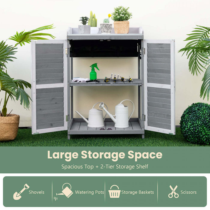 Etabli D’exterieur Avec Dessus Spacieux Galvanise Et Etagere A 2 Niveaux, Abri De Jardin Avec Porte Laterale Enroulable Et Pieds Sureleves, Pour Stocker Pelles, Arrosoirs Et Ciseaux, Gris