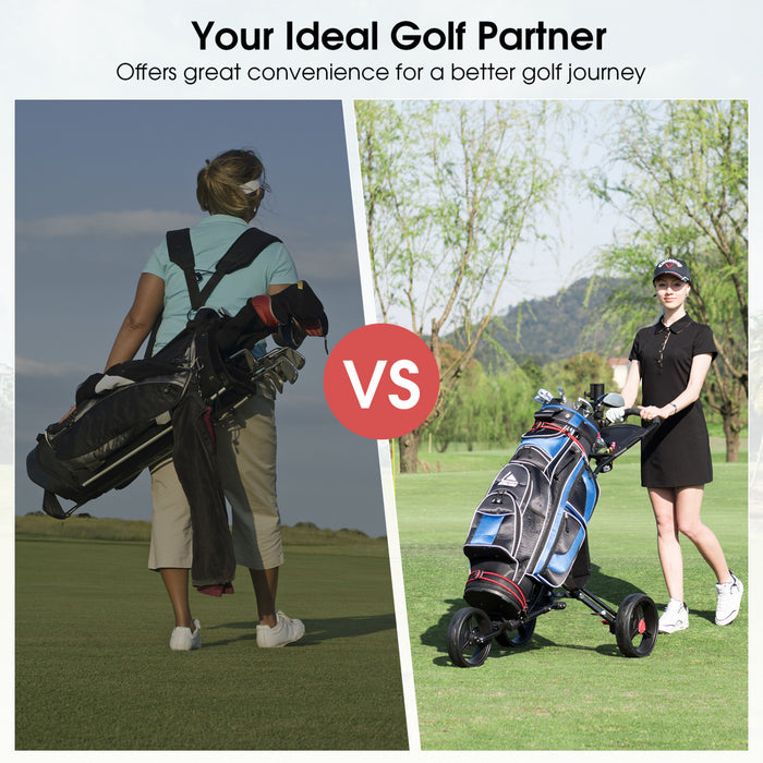 Caddie De Golf Pliable 3 Roues En Acier A Pousser Ou Tirer Avec Porte-parapluie