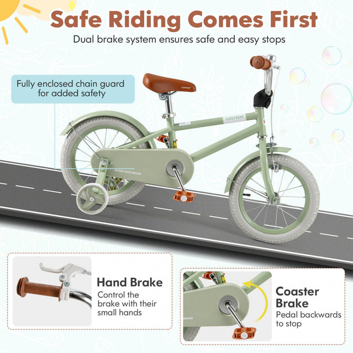 Costway 14\" Velo Pour Enfants Avec Guidon Reglable De Selle Roues D'entrainement Amovibles Frein A Main Vert
