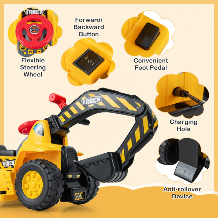 Costway 6v Electric Kids Ride Sur L'excavatrice Pretend Jouer Tracteur De Jouet W / Cercle De Basket-ball